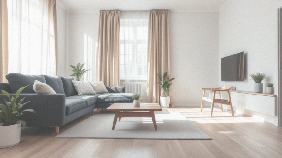 W jaki sposób beżowe lub szare zasłony tworzą spójną atmosferę z niebieską kanapą?